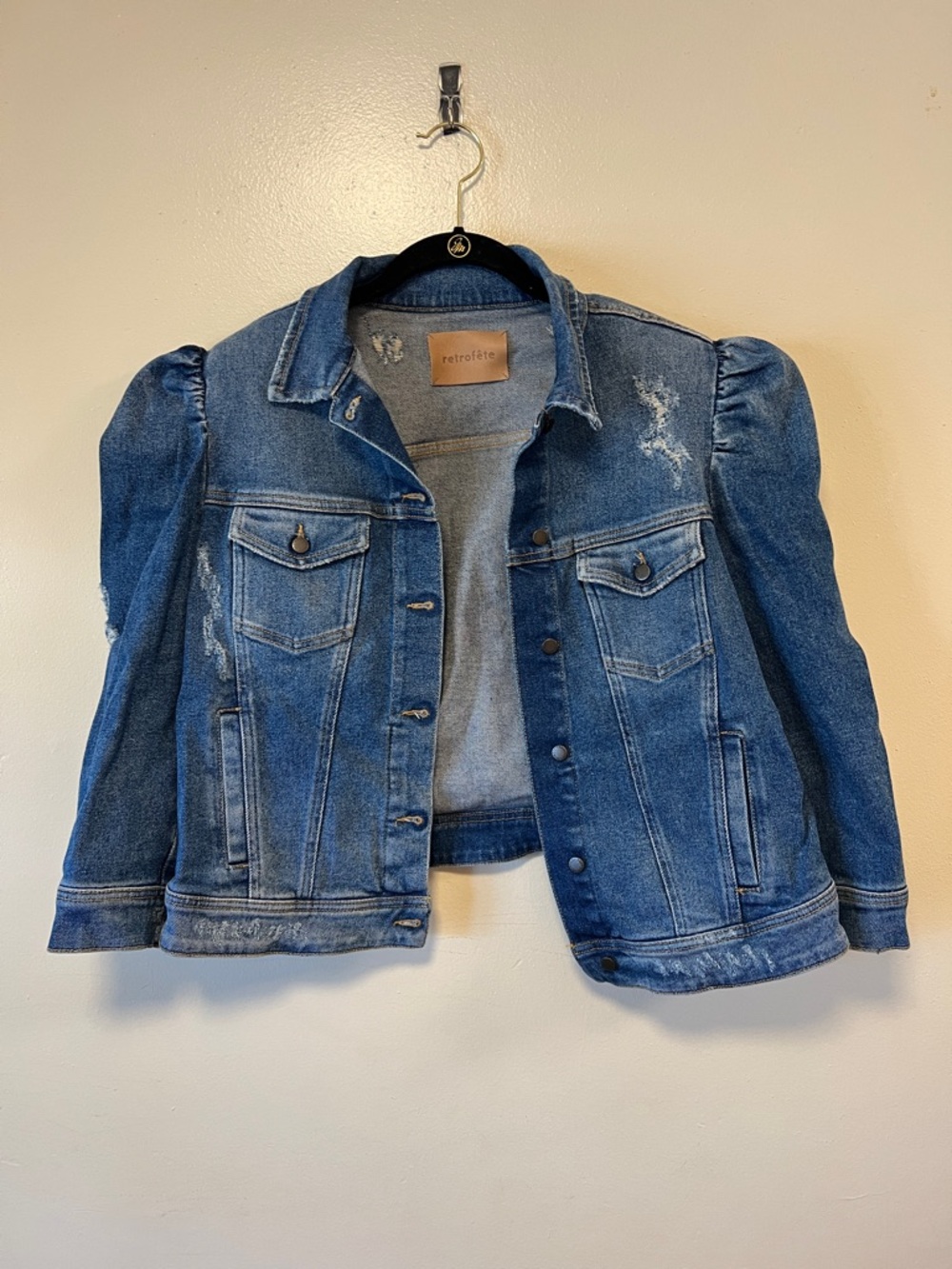 Retrofete Blue Distressed Puff-Sleeve Denim Jacket